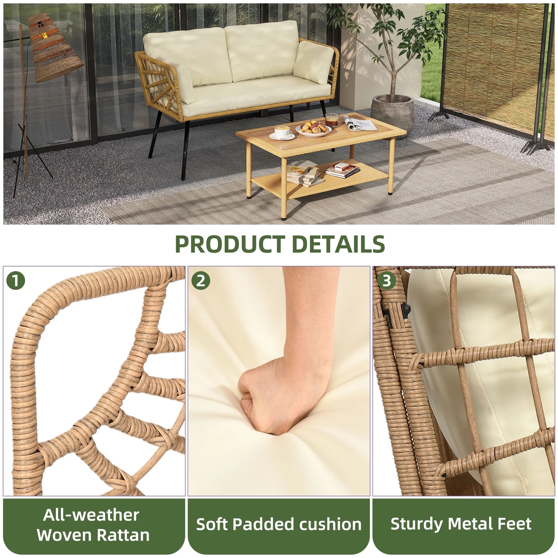 Uforic Outdoor Wicker Loveseat with Cushions and Rattan Side Table, All-Weather 2 Pieces Bistro Patio Conversation Furniture Set -Beige