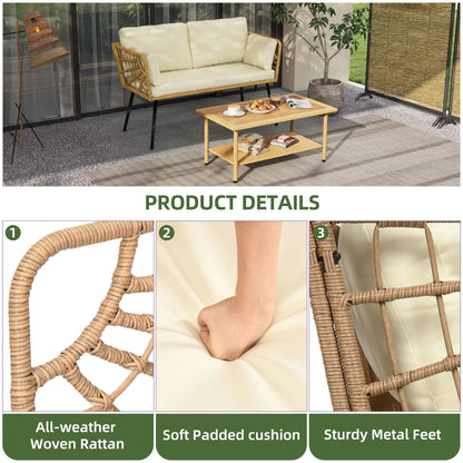 Uforic Outdoor Wicker Loveseat with Cushions and Rattan Side Table, All-Weather 2 Pieces Bistro Patio Conversation Furniture Set -Beige
