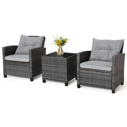 Gymax 3PCS Patio Rattan Sofa Set Outdoor Wicker Conversation Set Glass Tabletop w/Grey Cushion
