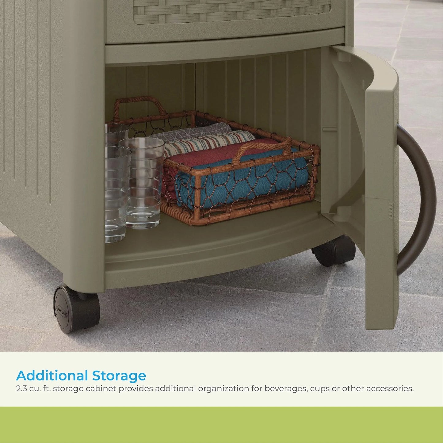 Suncast Wicker Outdoor Patio Cooler Cart with Cabinet, Java Brown