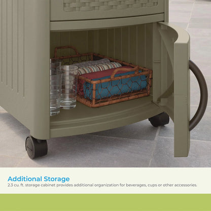 Suncast Wicker Outdoor Patio Cooler Cart with Cabinet, Java Brown