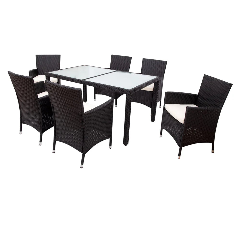 7 Piece Outdoor Wicker Sectional Dining Set, Outdoor Furniture Set with Stackable Armrest Chairs & Beige Cushions, Patio Dining Set for 6, Black Rattan