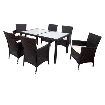 7 Piece Outdoor Wicker Sectional Dining Set, Outdoor Furniture Set with Stackable Armrest Chairs & Beige Cushions, Patio Dining Set for 6, Black Rattan
