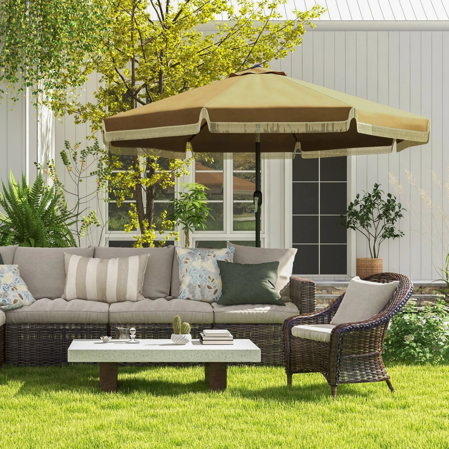 DUOSONG Outsunny 9Ft Patio Umbrella With Push Button Tilt And Crank, Ruffled Outdoor Market Table Umbrella With Tassles And 8 Ribs, For Garden, Deck, Pool, Tan Tan Polyester Garden & Outdoor Canopies