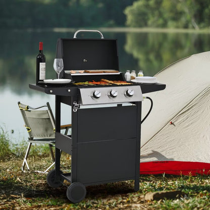 Leuco 3 Burner BBQ Propane Gas Grill, Stainless Steel 25,650 BTU Patio Garden Barbecue Grill with Two Shelves, Lid, Wheels and Bottle Opener