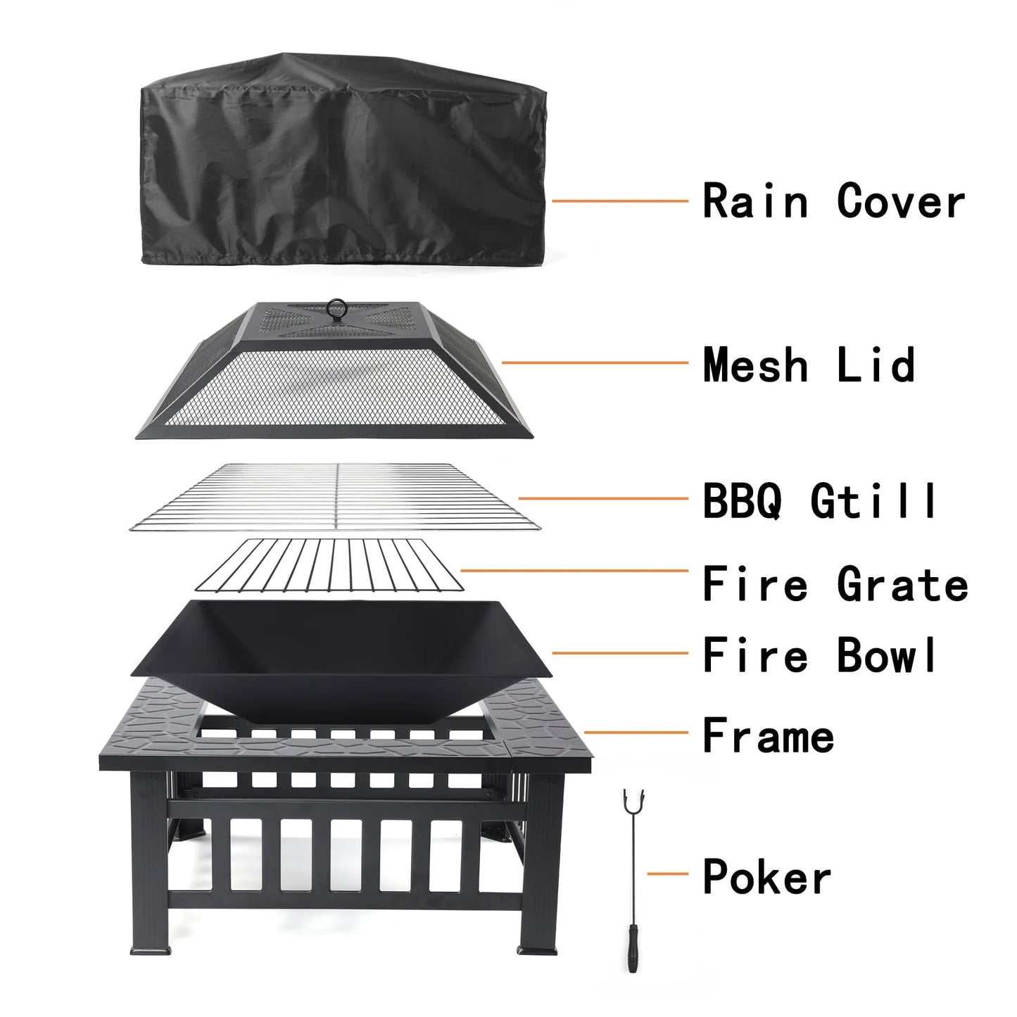 Wood Burning Fire Pits for Outside, 32" Square Iron Fire Pit Backyard Patio Garden Stove Wood Burning Fire Pit w/BBQ Net, Waterprrof Cover, Mesh Screen Lid, Wood Grate, Poker, Durable Fire Pit