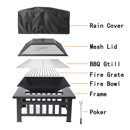 Wood Burning Fire Pits for Outside, 32" Square Iron Fire Pit Backyard Patio Garden Stove Wood Burning Fire Pit w/BBQ Net, Waterprrof Cover, Mesh Screen Lid, Wood Grate, Poker, Durable Fire Pit