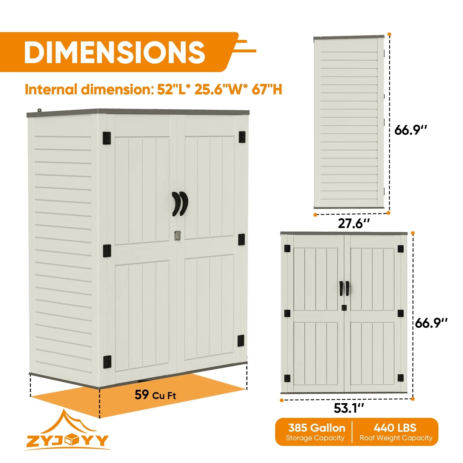 ZYJOYY 60 Cu.Ft Large Outdoor Shed with Floor, Lockable & Waterproof Patio Storage Cabinet for Garden Tools, Pool Supplies & Lawn Equipment, Grey