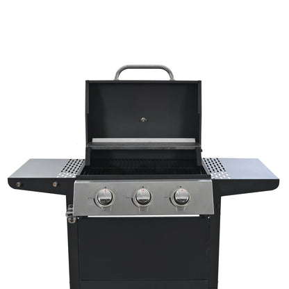 3 Burners BBQ Propane Gas Grill Side Burner & Thermometer, Stainless Steel 25,650 BTU Output Stainless Steel Grill for Patio Garden Barbecue Two Shelves (3-Burners Grill)