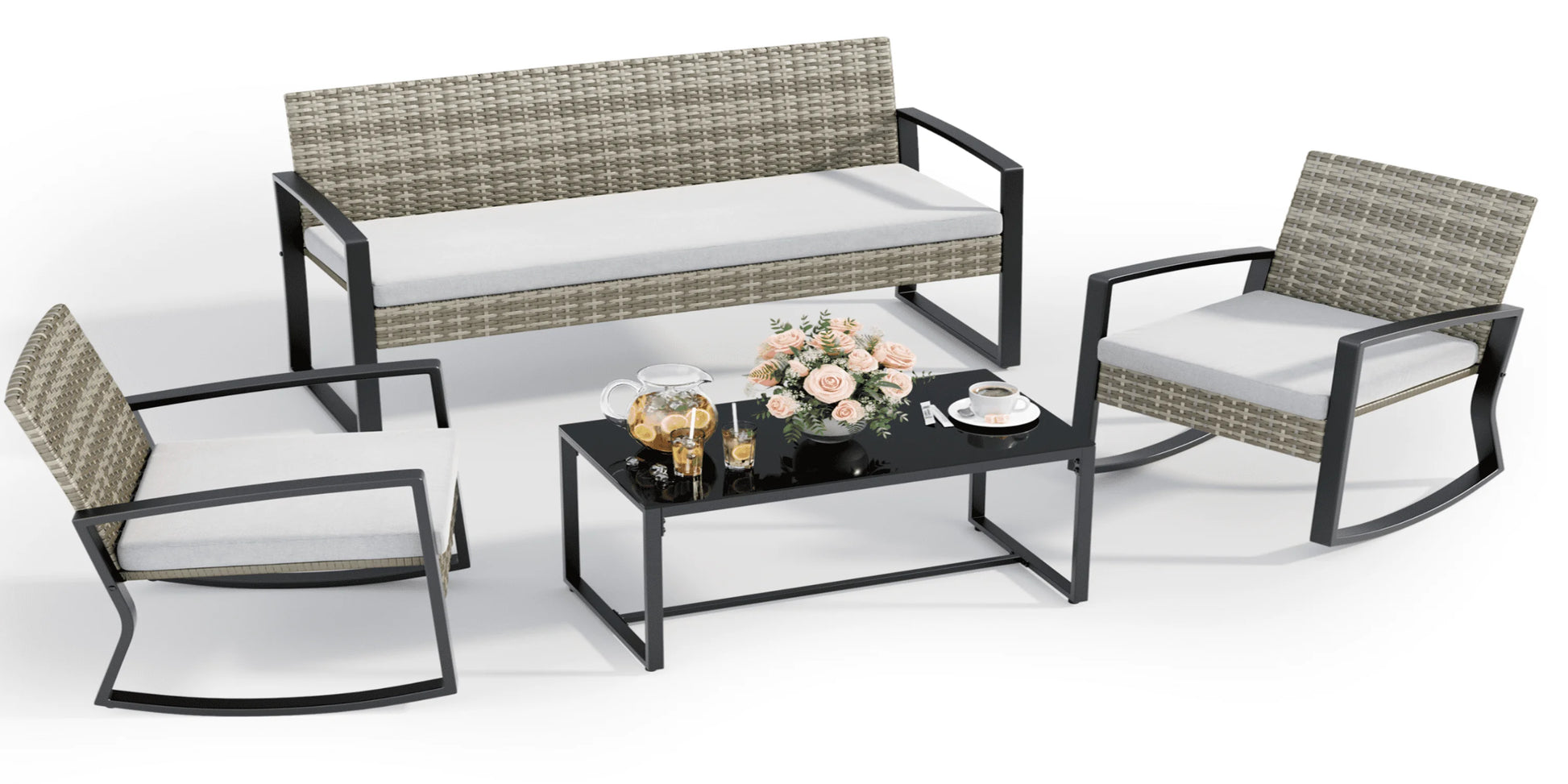 Lofka Patio Furniture Set, 4-Piece Outdoor Sectional Furniture Set with Coffee Table for Conversation & Dining, Gray Rattan