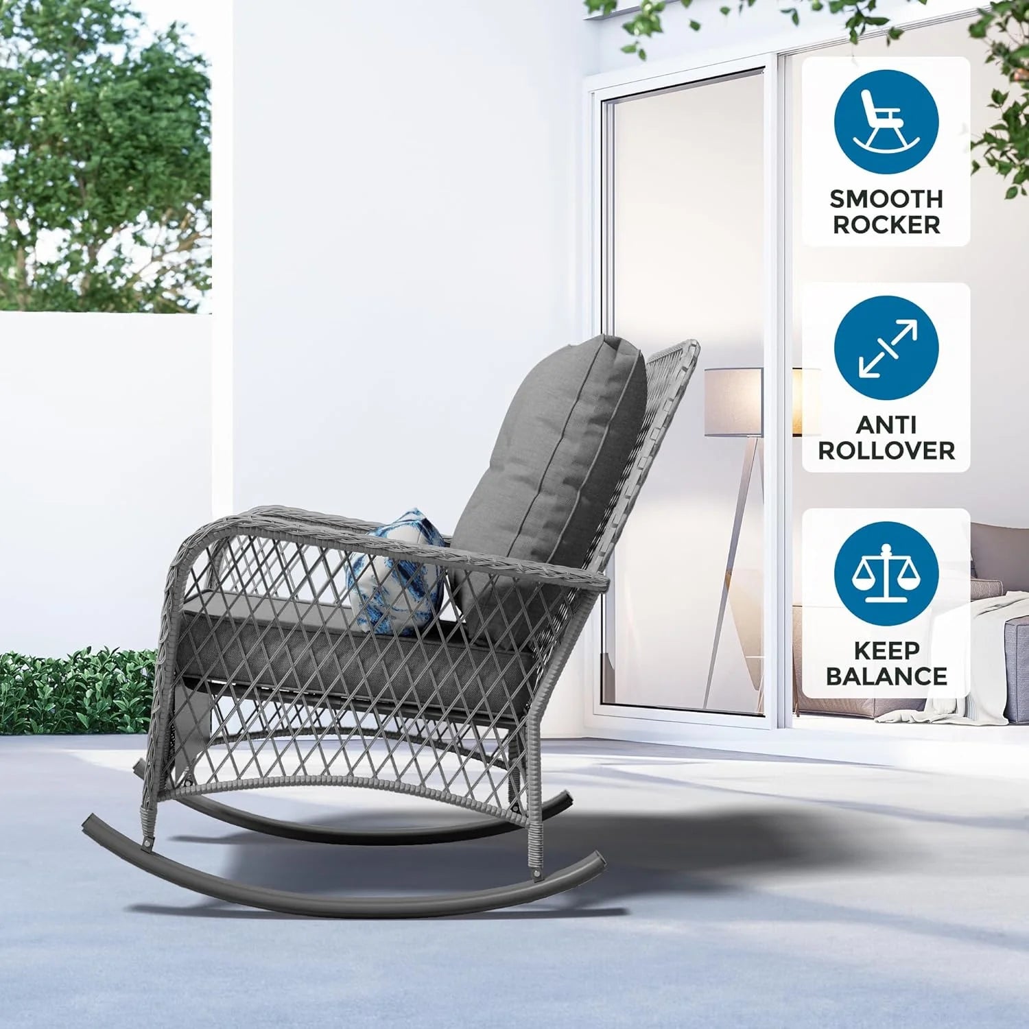 MRUAKA Outdoor Rocking Chairs Set of 3, Wicker Patio Furniture with Thickened Cushions and Table for Porch350lbs Weight Capacity(Gray)