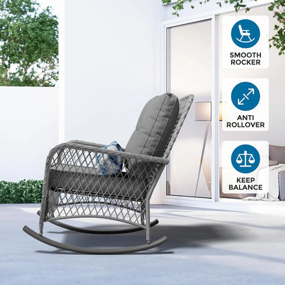 MRUAKA Outdoor Rocking Chairs Set of 3, Wicker Patio Furniture with Thickened Cushions and Table for Porch350lbs Weight Capacity(Gray)