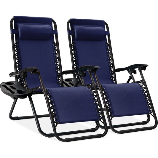 Best Choice Products Set of 2 Zero Gravity Lounge Chair Recliners for Patio, Pool w/Cup Holder Tray - Navy Blue