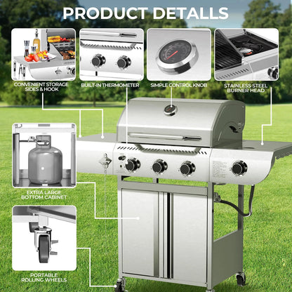 LHRIVER Stainless Steel BBQ Grill, 3 Burner Propane Gas Grill with Side Burner for Outdoor Cooking Patio Backyard