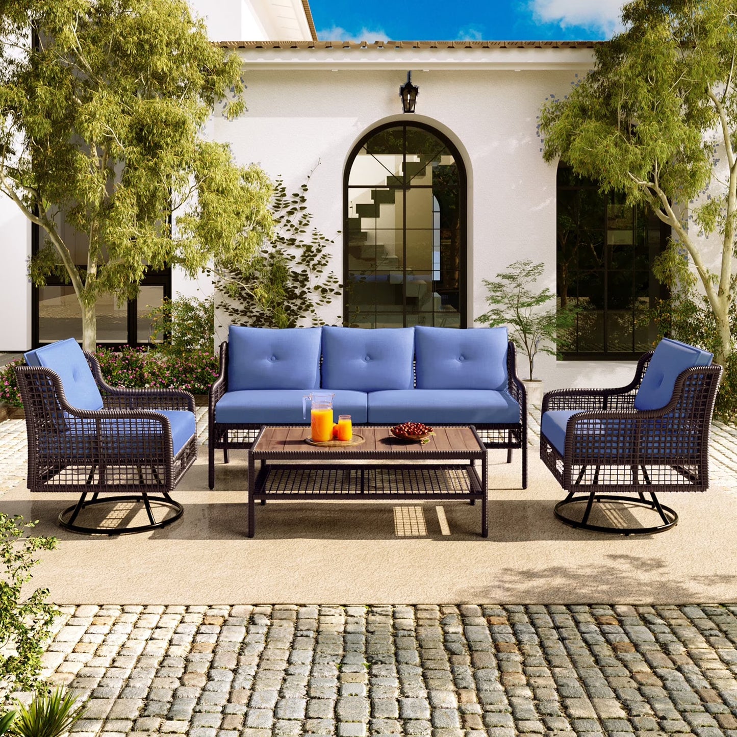 8 Pieces Outdoor Wicker Round Furniture Set, All Weather Half-Moon Sectional Patio Sofa Sets with Rectangular Coffee Table, Beige