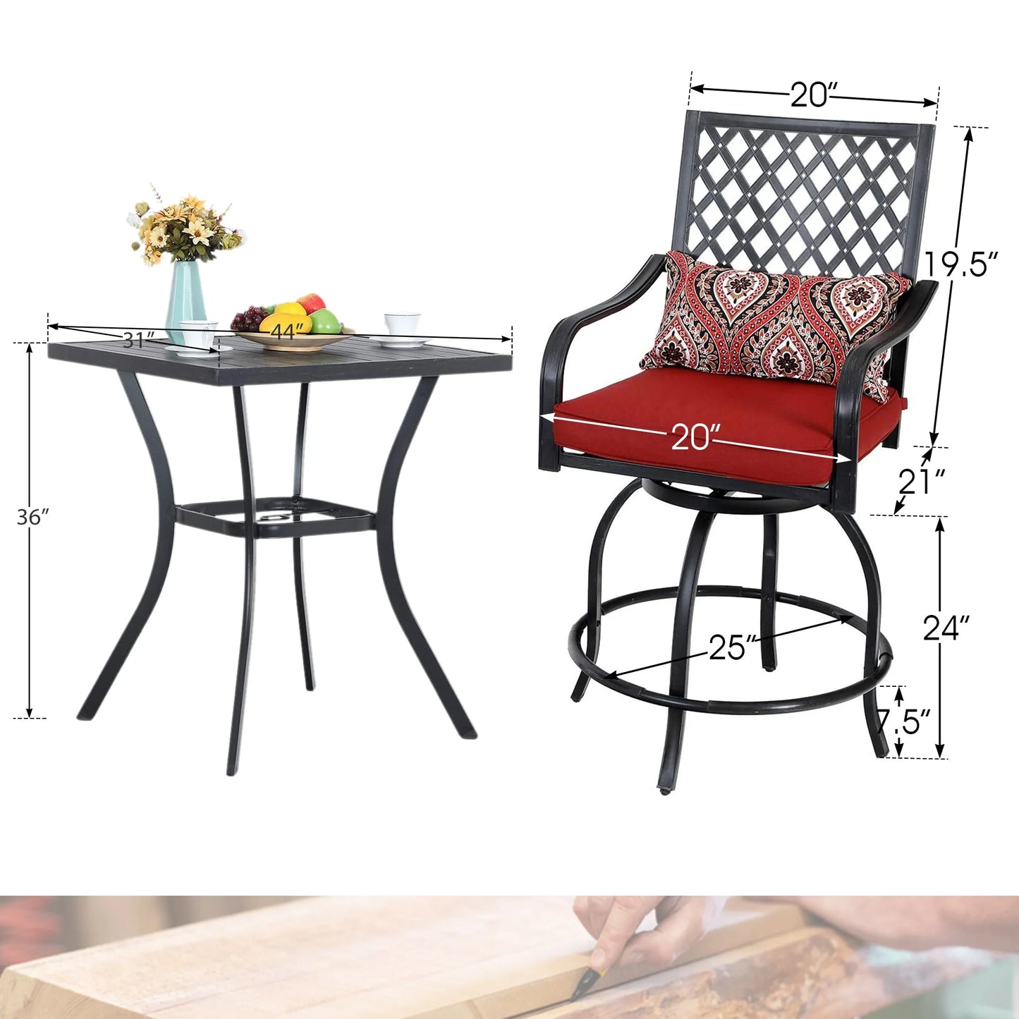 Sophia & William 3 Piece Outdoor Patio Swivel Bar Stools Set & Height Table Backyard Furniture Bistro Set, Red
