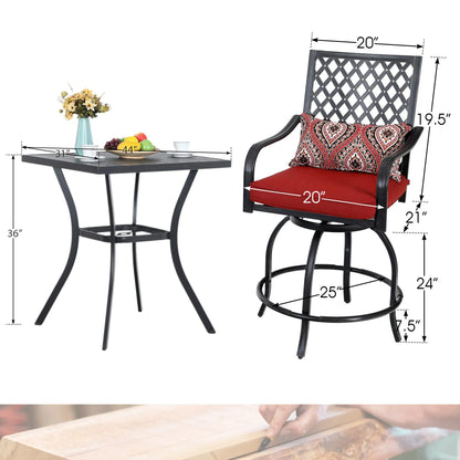 Sophia & William 3 Piece Outdoor Patio Swivel Bar Stools Set & Height Table Backyard Furniture Bistro Set, Red