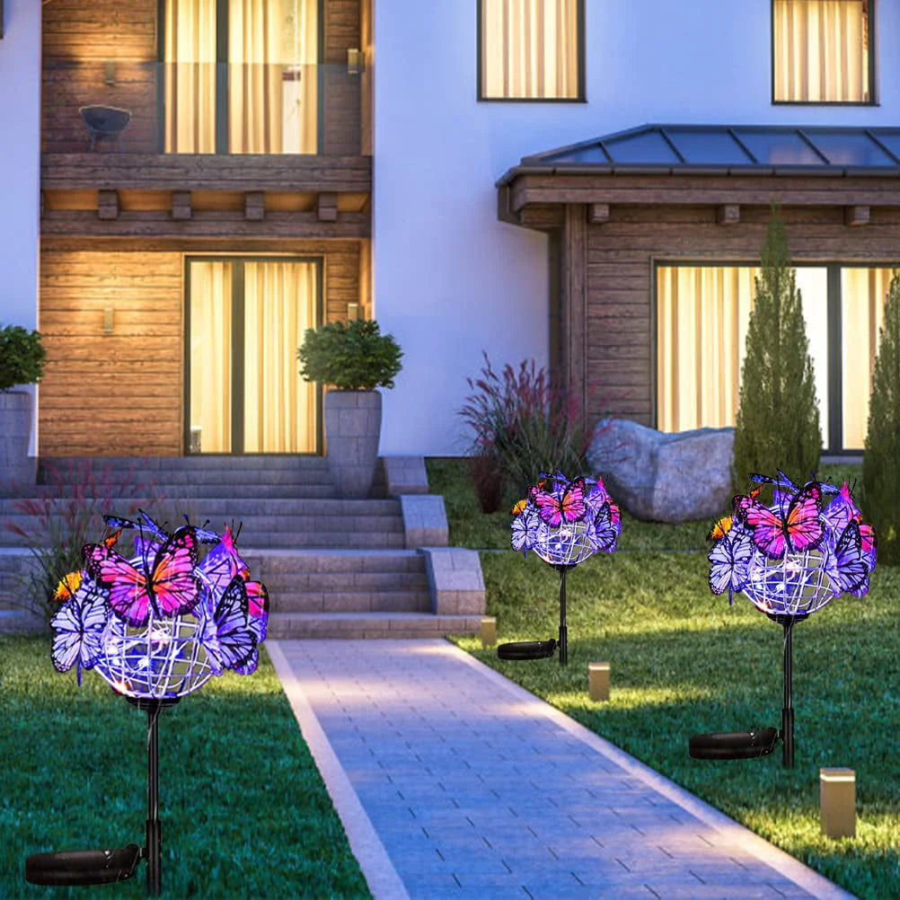 Rirool Decorative Solar Garden Lights Outside, 2 Pack Waterproof Solar Stake Lamp with Solar Panel, Multicolored Butterfly Ball Landscape Lights for Yard Patio Lawn Party Decor