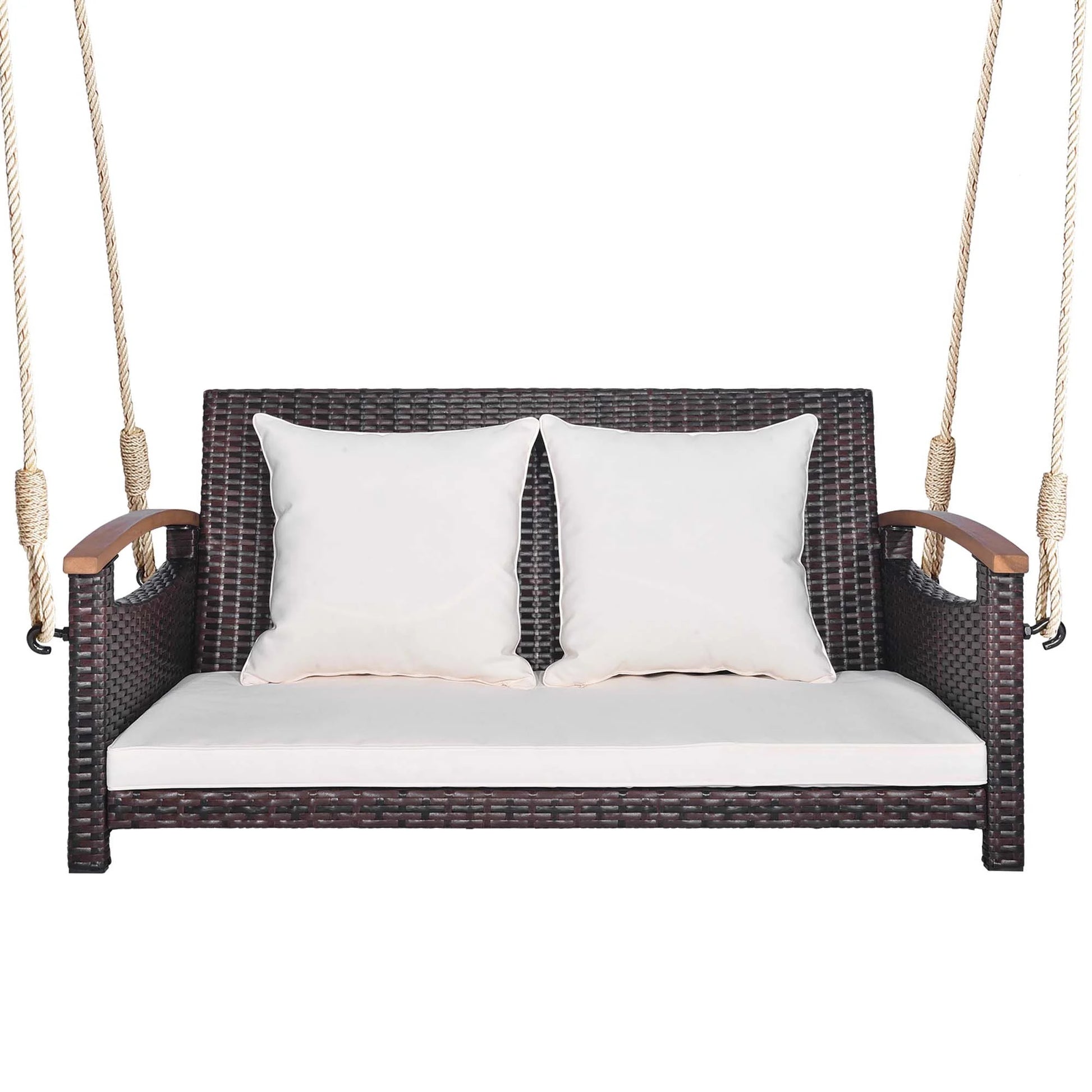 Costway Patio Rattan Porch Swing 2-Person Hanging Chair Cushioned Loveseat for Backyard