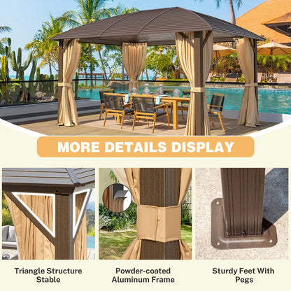 EROMMY 10'x13' Hardtop Gazebo with Arc Galvanized Steel Roof, Aluminum Frame, Curtain and Netting for Lawns, Patios, Decks and Backyard