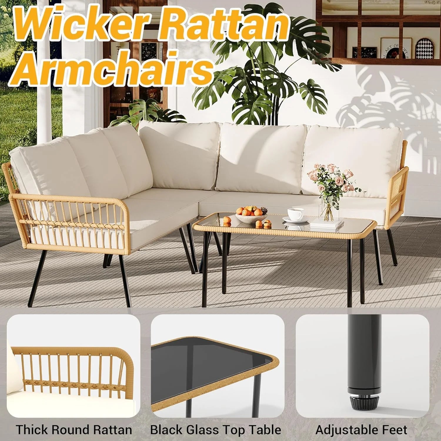 4 Pieces Patio Furniture Set, All-Weather Rattan Outdoor Conversation Sectional L-Shaped Sofa with Thickness Cushions and Side Table, Boho Seat Patio Sofa for Balcony, Backyard, Deck, Poolside
