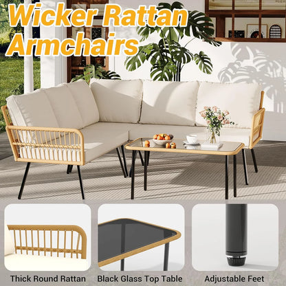 4 Pieces Patio Furniture Set, All-Weather Rattan Outdoor Conversation Sectional L-Shaped Sofa with Thickness Cushions and Side Table, Boho Seat Patio Sofa for Balcony, Backyard, Deck, Poolside