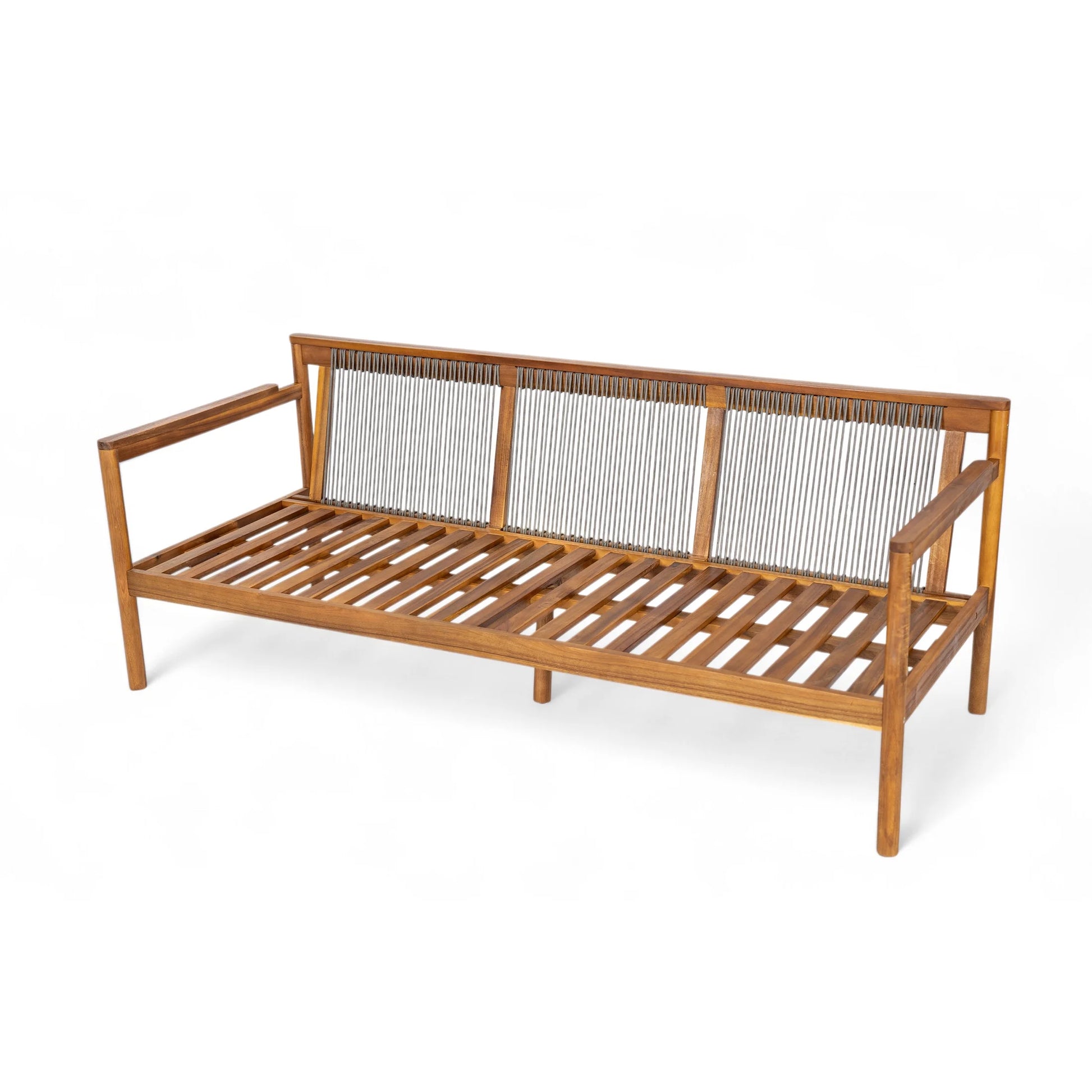 Christopher Knight Home Outdoor Patio 3-Seater Sofa with Rope Back and Cushions, Acacia Wood Frame, Cream+Teak