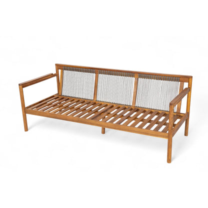 Christopher Knight Home Outdoor Patio 3-Seater Sofa with Rope Back and Cushions, Acacia Wood Frame, Cream+Teak
