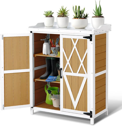 Garden Potting Bench Table,Outdoor Garden Horticultural Wooden Storage Cabinet & Wood Planting Work Bench with Adjustable Shelf & Metal-Plated Tabletop,Double-Door Work Bench for Backyard Patio Lawn
