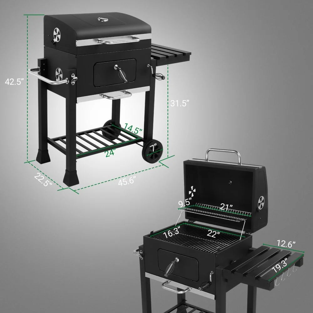 IVV Outdoor Charcoal Grill with Foldable Side Table, Moveable BBQ Grill w/Built-in Thermometer, Removeable Ash Rray Perfect for Picnics Patio Garden and Backyard Grilling, Black