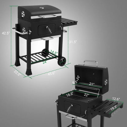 IVV Outdoor Charcoal Grill with Foldable Side Table, Moveable BBQ Grill w/Built-in Thermometer, Removeable Ash Rray Perfect for Picnics Patio Garden and Backyard Grilling, Black