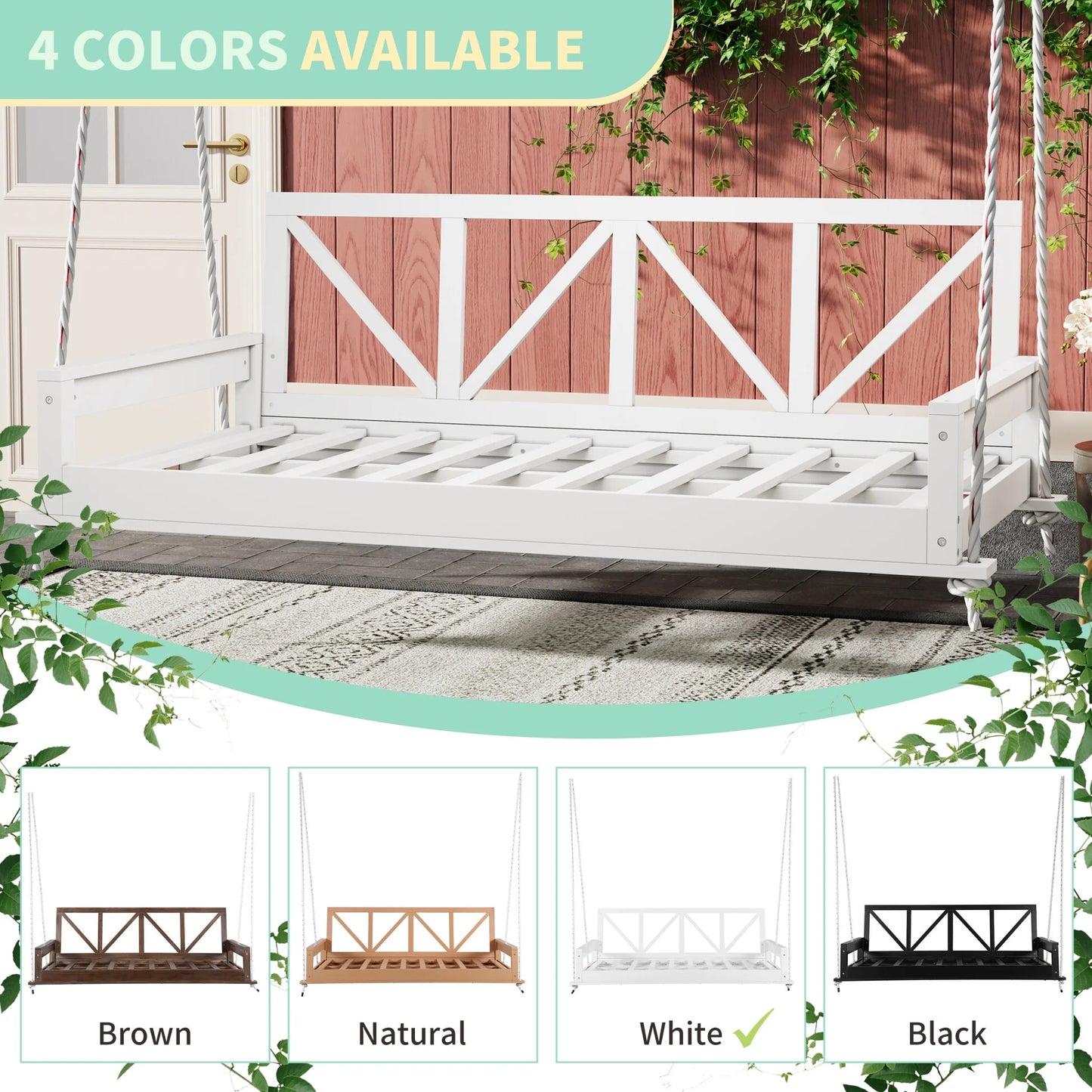 Wood Twin Size Patio Swing Bed, Modern Porch Swing Hanging Daybed with 16.4ft Hemp Ropes, Comfortable Porch Swing Bed for Relaxing on Patio, Porch, Backyard and Garden Spaces, White
