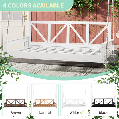 Wood Twin Size Patio Swing Bed, Modern Porch Swing Hanging Daybed with 16.4ft Hemp Ropes, Comfortable Porch Swing Bed for Relaxing on Patio, Porch, Backyard and Garden Spaces, White