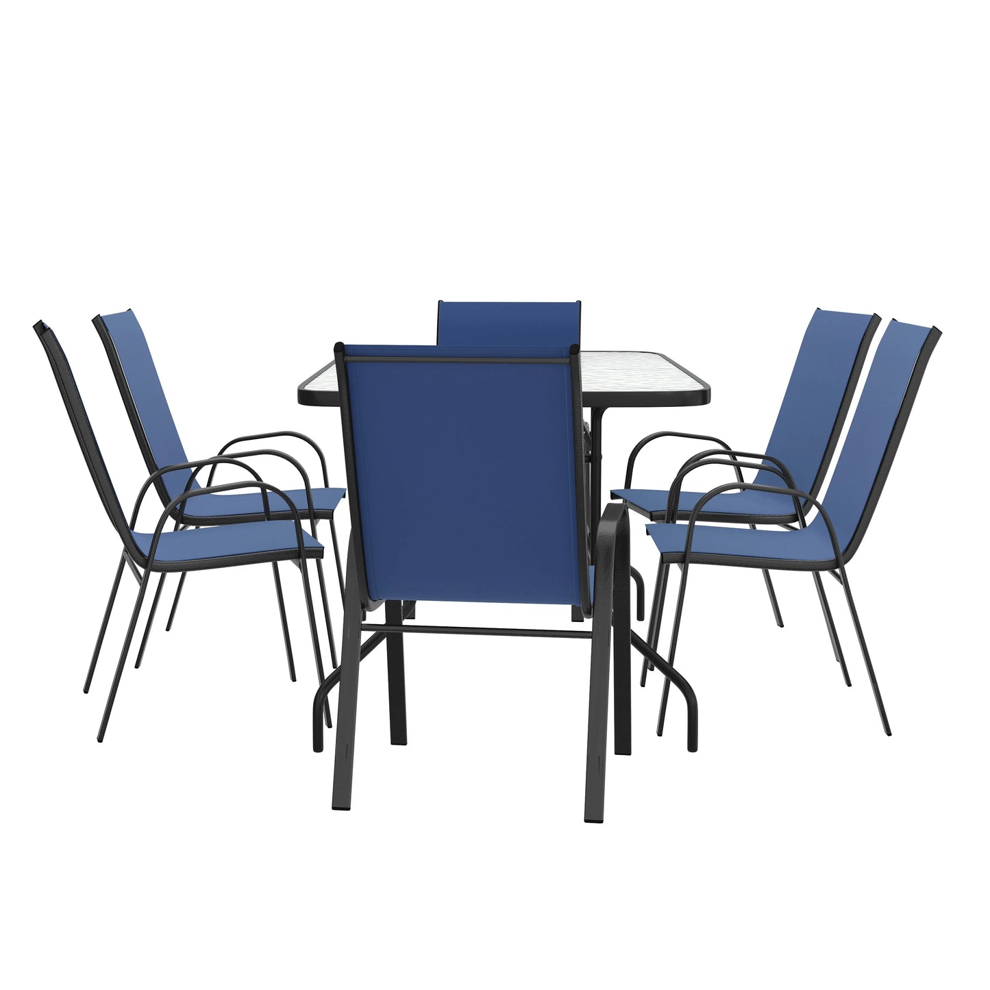 Flash Furniture 7 Piece Outdoor Patio Dining Set - 55" Tempered Glass Patio Table with Umbrella Hole, 6 Navy Flex Comfort Stack Chairs