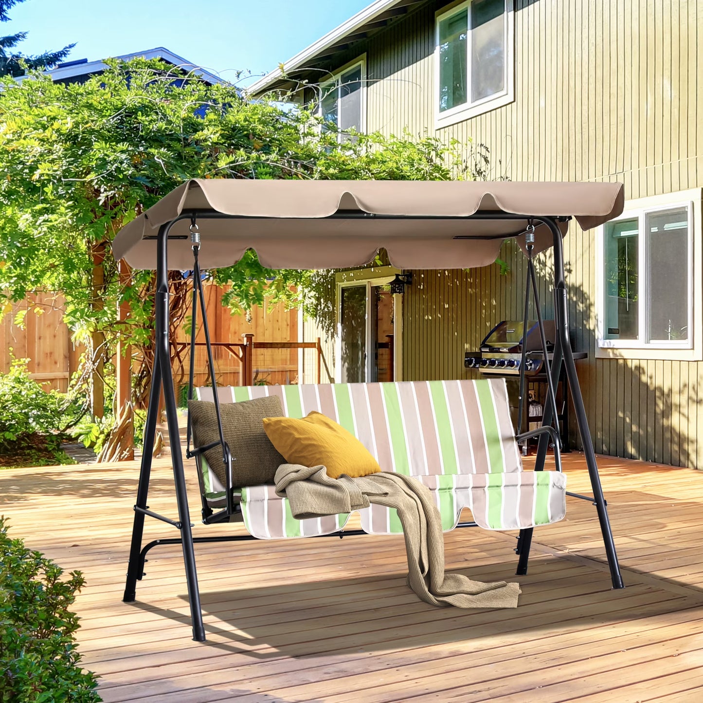 Outsunny 3-Seat Outdoor Patio Swing Chair with Removable Cushion, Steel Frame Stand and Adjustable Tilt Canopy for Patio, Garden, Poolside, Balcony, Backyard, Green