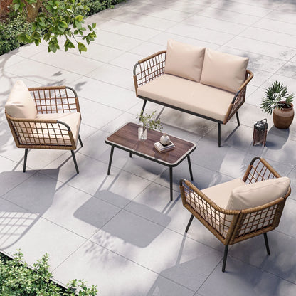 LAUSAINT HOME 4 Pieces Outdoor Conversation Sets, Patio Metal Frame Sofa with Wood Loveseat and Coffee Table, Beige Cushions