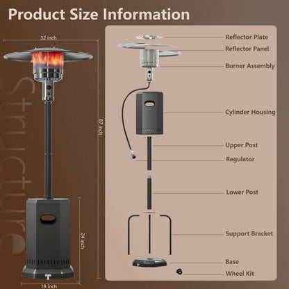 50,000 BTU Propane Patio Heater, Outdoor Heater with Table Design, 2025 Upgrade Stainless Steel Burner, and Wheels, Portable Heater for Home and Commercial, Gray