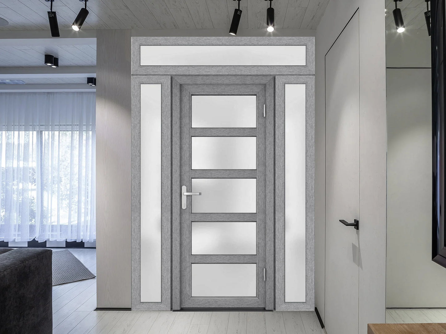 Front Exterior Prehung Metal-Plastic Door Frosted Glass/Manux 8002 Grey Ash/2 Side and Top Window/Office Commercial and Residential Doors Entrance Patio Garage 60" x 94" Left-hand Inswing