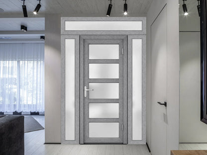 Front Exterior Prehung Metal-Plastic Door Frosted Glass/Manux 8002 Grey Ash/2 Side and Top Window/Office Commercial and Residential Doors Entrance Patio Garage 60" x 94" Left-hand Inswing