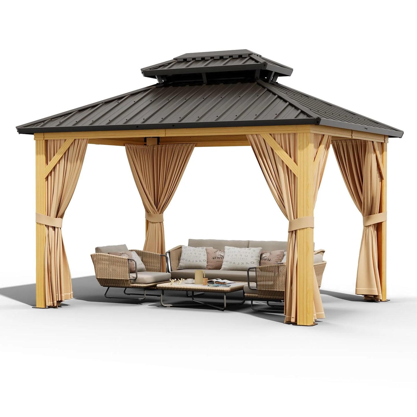 TROPOW 10x12ft Hardtop Gazebo Double Roof with Nettings and Curtains,Aluminum Frame,Wood Grain Heavy Duty Galvanized Steel Outdoor Combined of Vertical Stripes Roof for Garden,Patio,Lawns,Parties