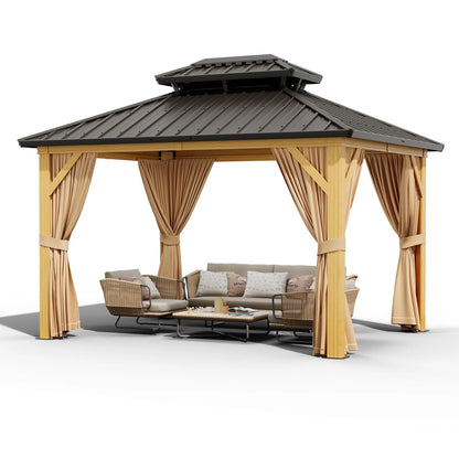 TROPOW 10x12ft Hardtop Gazebo Double Roof with Nettings and Curtains,Aluminum Frame,Wood Grain Heavy Duty Galvanized Steel Outdoor Combined of Vertical Stripes Roof for Garden,Patio,Lawns,Parties