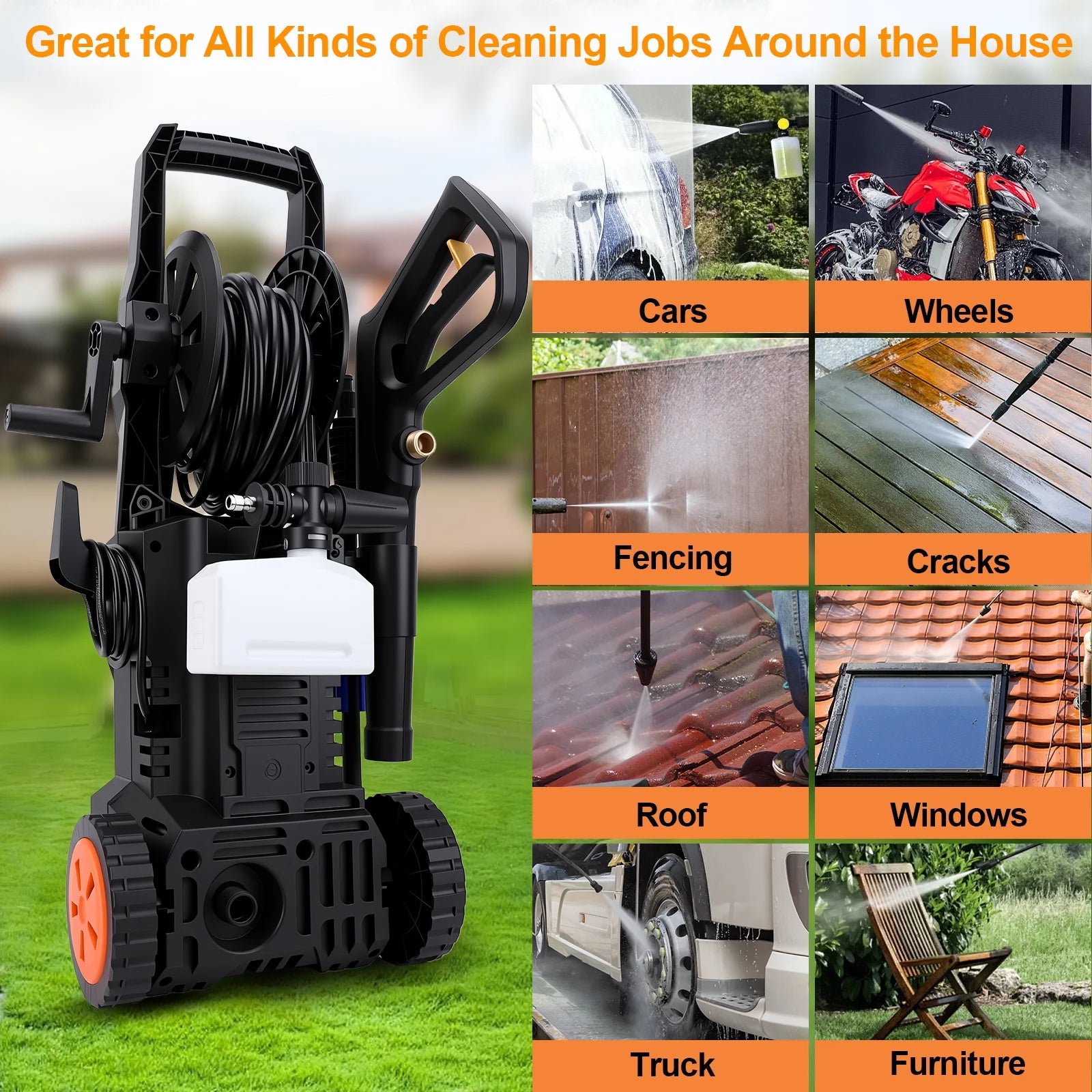 Electric Pressure Washer, 4500PSI Max 3.2 GPM 33FT Hose w/Hose Reel , 4 Connect Nozzles Foam Cannon for Cars, Fences, Driveways, Patios, Home Cleaning