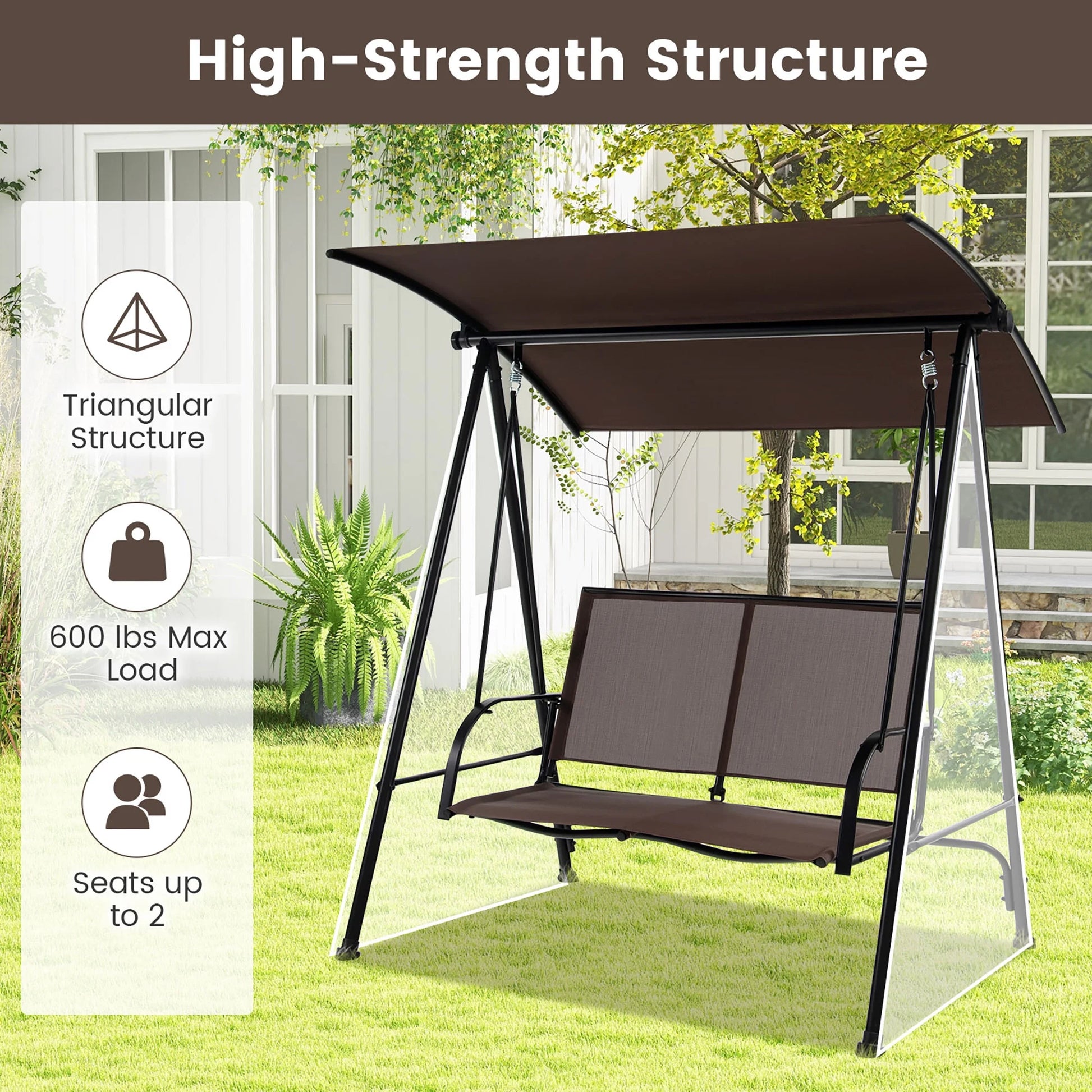 Gymax 2-Person Patio Swing Seat Swing Bench Canopy Swing Loveseat Outdoor Dark Brown