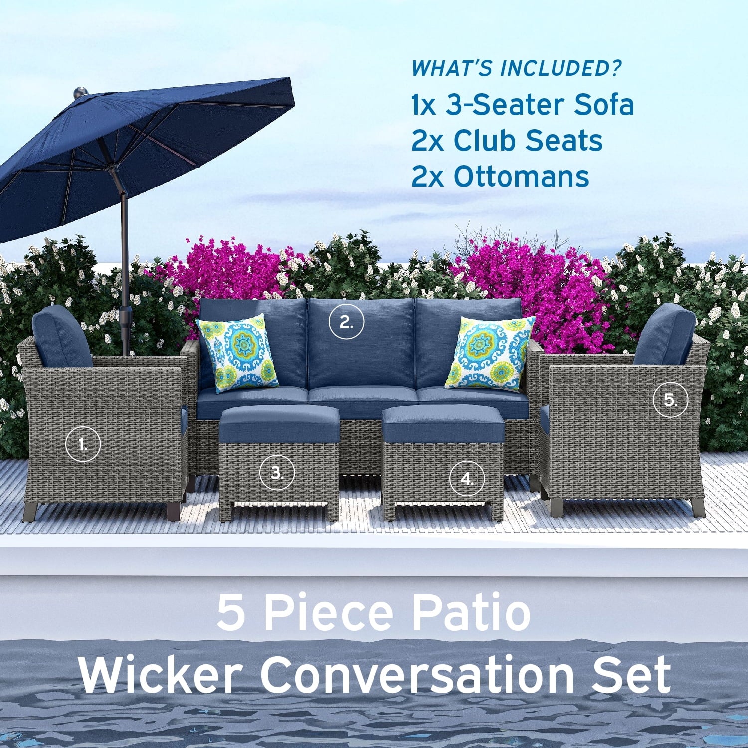 Hearth & Harbor 5-Piece Outdoor Patio Furniture Set, Wicker Patio Conversation Set, Sectional Sofa, Black/Off White