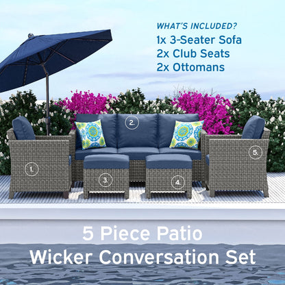 Hearth & Harbor 5-Piece Outdoor Patio Furniture Set, Wicker Patio Conversation Set, Sectional Sofa, Black/Off White