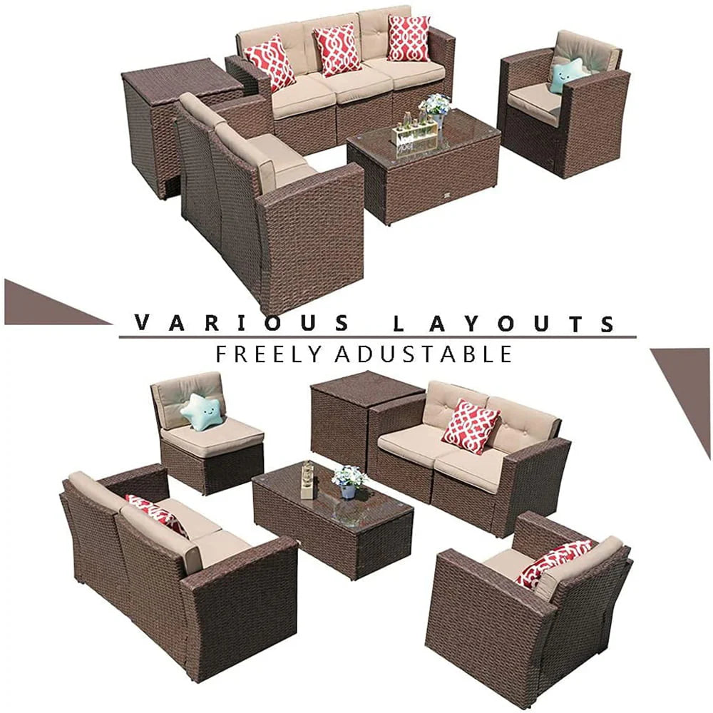 JOIVI 8 Pc Outdoor Patio Sectional Set, Espresso Brown Wicker