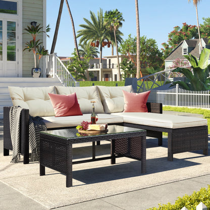 ENYOPRO 3 PCS Patio Sectional Sofa Conversation Set, All Weather Rattan Patio Furniture Set, Brown Outdoor Chaise Lounge Set with Cushion and Table, Deck Backyard Porch Furniture, JA1819