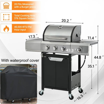 4-Burner Propane Gas BBQ Grill with Side Burner, Stainless Steel Gas Grill with Rain Cover, 40,500 BTU High-Output, Built-in Thermometer for Outdoor, Backyard, Patio BBQ Cooking