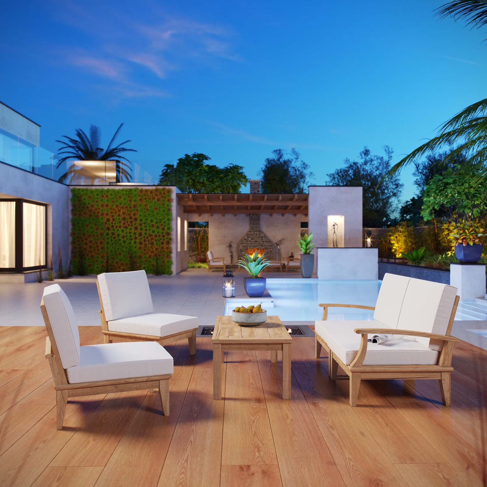 Modway Marina Modern Wood 5-Piece Patio Teak Sofa Set in Natural/White