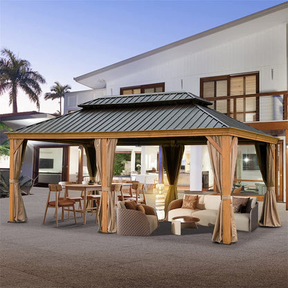 Mondawe 12x20ft Hardtop Gazebo, Galvanized Steel Gable Roof Gazebo Pergola with Wood Grain Aluminum Frame, Outdoor Permanent Gazebo Pavilion for Patio, Garden (Yellow Brown)